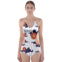 Blue And White Pottery Pattern Cut-out One Piece Swimsuit by danenraven