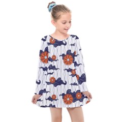 Blue And White Pottery Pattern Kids  Long Sleeve Dress by danenraven