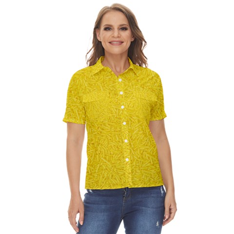 Bright Yellow Crunchy Sprinkles Women s Short Sleeve Double Pocket Shirt by nateshop