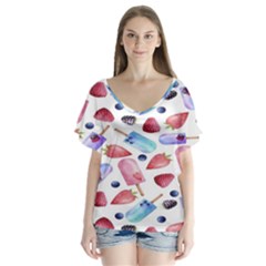 Ice Cream - Stowbery V-neck Flutter Sleeve Top by nateshop