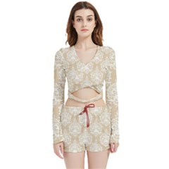 Clean Brown And White Ornament Damask Vintage Velvet Wrap Crop Top And Shorts Set by ConteMonfrey