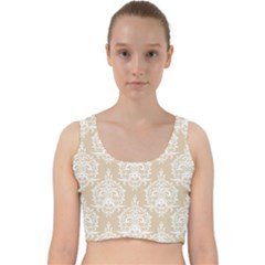 Clean Brown And White Ornament Damask Vintage Velvet Racer Back Crop Top by ConteMonfrey