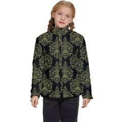 Black And Green Ornament Damask Vintage Kids  Puffer Bubble Jacket Coat by ConteMonfrey