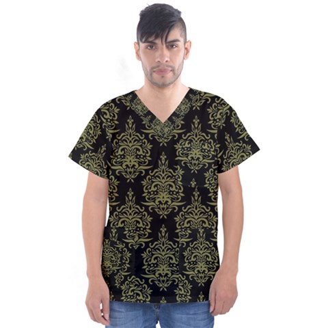 Black And Green Ornament Damask Vintage Men s V-neck Scrub Top by ConteMonfrey