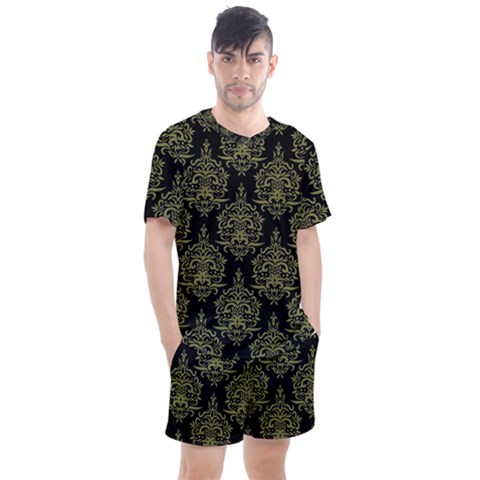 Black And Green Ornament Damask Vintage Men s Mesh Tee And Shorts Set by ConteMonfrey