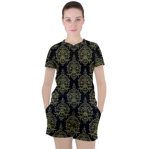 Black And Green Ornament Damask Vintage Women s Tee And Shorts Set by ConteMonfrey