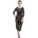 Black And Green Ornament Damask Vintage Quarter Sleeve Midi Velour Bodycon Dress View1