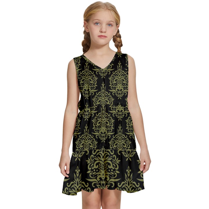 Black And Green Ornament Damask Vintage Kids  Sleeveless Tiered Mini Dress