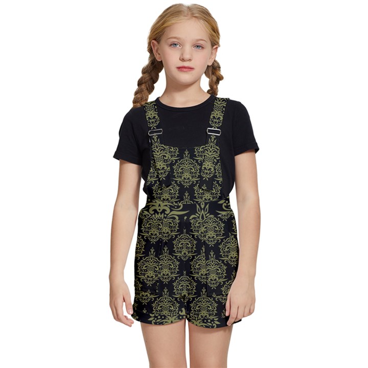 Black And Green Ornament Damask Vintage Kids  Short Overalls