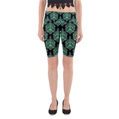 Black And Neon Ornament Damask Vintage Yoga Cropped Leggings by ConteMonfrey