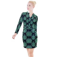 Black And Neon Ornament Damask Vintage Button Long Sleeve Dress by ConteMonfrey