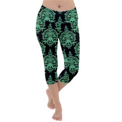 Black And Neon Ornament Damask Vintage Lightweight Velour Capri Yoga Leggings by ConteMonfrey