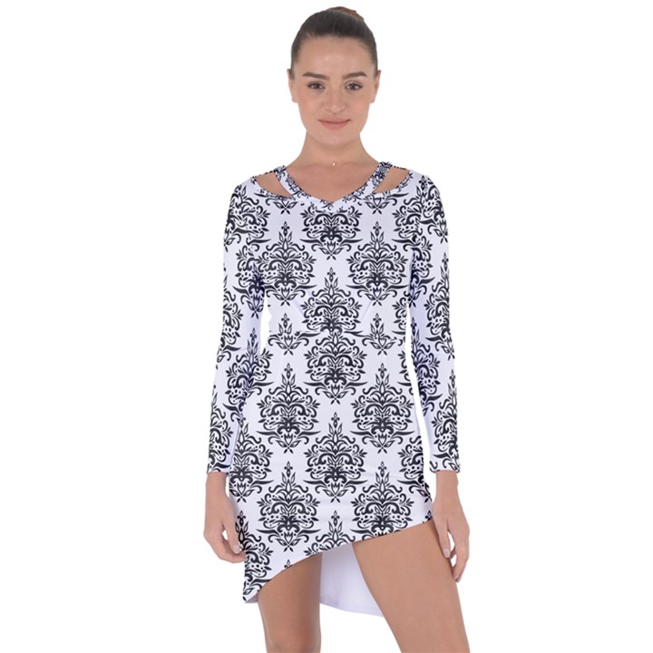 Black And White Ornament Damask Vintage Asymmetric Cut-Out Shift Dress