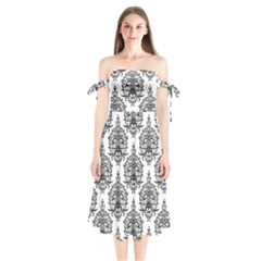 Black And White Ornament Damask Vintage Shoulder Tie Bardot Midi Dress by ConteMonfrey