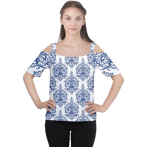 Blue And White Ornament Damask Vintage Cutout Shoulder Tee by ConteMonfrey