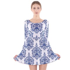 Blue And White Ornament Damask Vintage Long Sleeve Velvet Skater Dress by ConteMonfrey