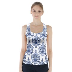 Blue And White Ornament Damask Vintage Racer Back Sports Top by ConteMonfrey