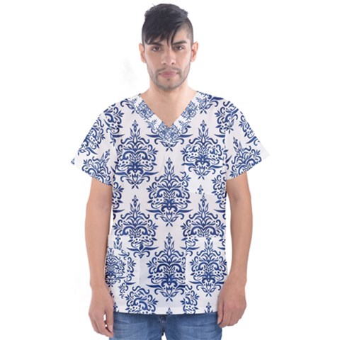 Blue And White Ornament Damask Vintage Men s V-neck Scrub Top by ConteMonfrey