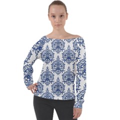 Blue And White Ornament Damask Vintage Off Shoulder Long Sleeve Velour Top by ConteMonfrey