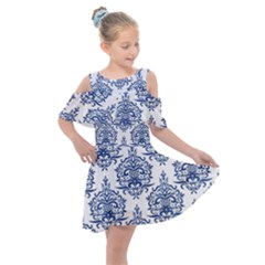 Blue And White Ornament Damask Vintage Kids  Shoulder Cutout Chiffon Dress by ConteMonfrey