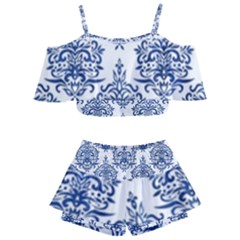 Blue And White Ornament Damask Vintage Kids  Off Shoulder Skirt Bikini by ConteMonfrey