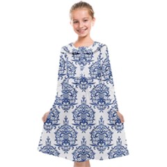 Blue And White Ornament Damask Vintage Kids  Midi Sailor Dress by ConteMonfrey