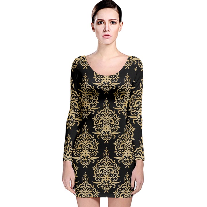 Black And Cream Ornament Damask Vintage Long Sleeve Velvet Bodycon Dress