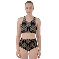 Black And Cream Ornament Damask Vintage Racer Back Bikini Set by ConteMonfrey