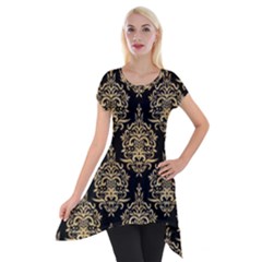 Black And Cream Ornament Damask Vintage Short Sleeve Side Drop Tunic by ConteMonfrey