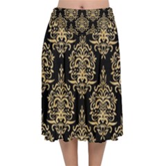 Black And Cream Ornament Damask Vintage Velvet Flared Midi Skirt by ConteMonfrey