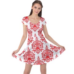 White And Red Ornament Damask Vintage Cap Sleeve Dress by ConteMonfrey