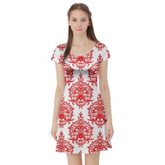 White And Red Ornament Damask Vintage Short Sleeve Skater Dress by ConteMonfrey