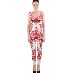 White And Red Ornament Damask Vintage One Piece Catsuit by ConteMonfrey