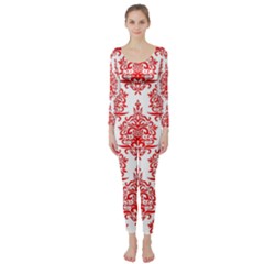 White And Red Ornament Damask Vintage Long Sleeve Catsuit by ConteMonfrey