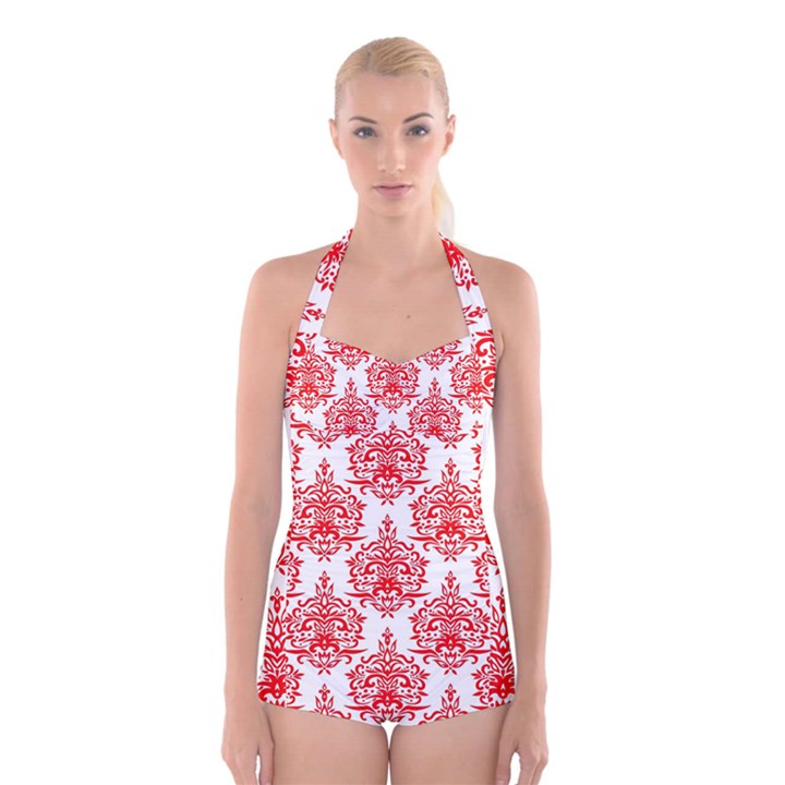 White And Red Ornament Damask Vintage Boyleg Halter Swimsuit 