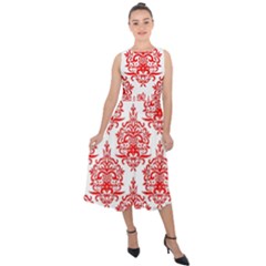 White And Red Ornament Damask Vintage Midi Tie-back Chiffon Dress by ConteMonfrey