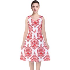 White And Red Ornament Damask Vintage V-neck Midi Sleeveless Dress  by ConteMonfrey