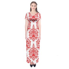 White And Red Ornament Damask Vintage Short Sleeve Maxi Dress by ConteMonfrey