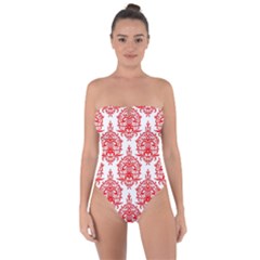 White And Red Ornament Damask Vintage Tie Back One Piece Swimsuit by ConteMonfrey