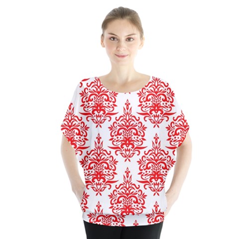 White And Red Ornament Damask Vintage Batwing Chiffon Blouse by ConteMonfrey