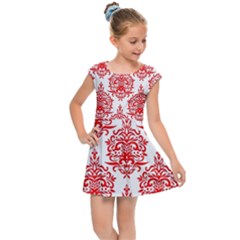 White And Red Ornament Damask Vintage Kids  Cap Sleeve Dress by ConteMonfrey