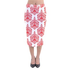 White And Red Ornament Damask Vintage Velvet Midi Pencil Skirt by ConteMonfrey