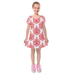 White And Red Ornament Damask Vintage Kids  Short Sleeve Velvet Dress by ConteMonfrey