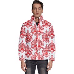 White And Red Ornament Damask Vintage Men s Puffer Bubble Jacket Coat by ConteMonfrey