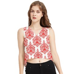 White And Red Ornament Damask Vintage V-neck Cropped Tank Top