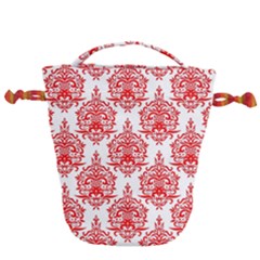 White And Red Ornament Damask Vintage Drawstring Bucket Bag by ConteMonfrey