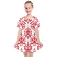 White And Red Ornament Damask Vintage Kids  Smock Dress by ConteMonfrey