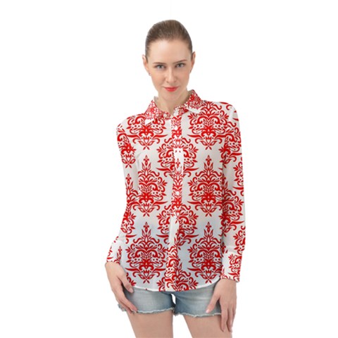 White And Red Ornament Damask Vintage Long Sleeve Chiffon Shirt by ConteMonfrey