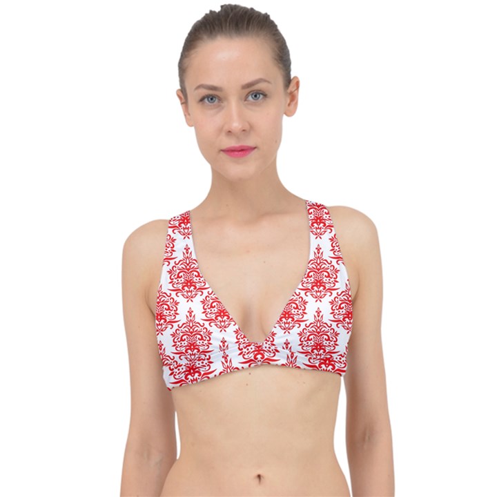 White And Red Ornament Damask Vintage Classic Banded Bikini Top