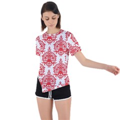 White And Red Ornament Damask Vintage Asymmetrical Short Sleeve Sports Tee by ConteMonfrey